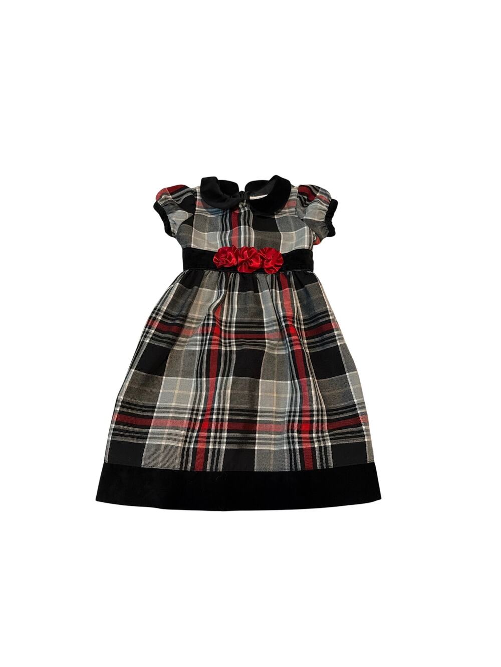 Hanna Andersson Girls Size 90 (3T) Plaid Holiday Dress Velvet Trim Rosettes